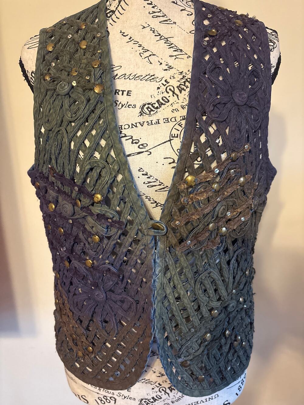 Vintage Keren Hart Blue Denim Woven Braided Vest